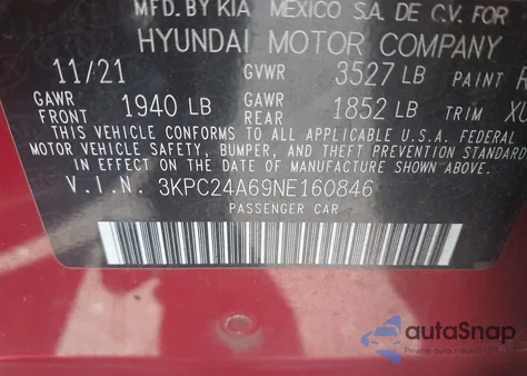 2022 Hyundai Accent Se from USA, damaged, VIN 3KPC24A69NE160846